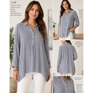 J.Jill Top Large Tall LT Popover Shirt Rayon Striped Roll Tab Sharkbite Hem